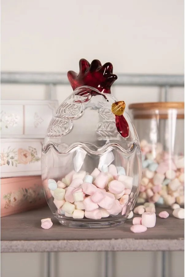 Borcan decorativ din sticlă, transparent, model găină, Ø 10x17 cm
