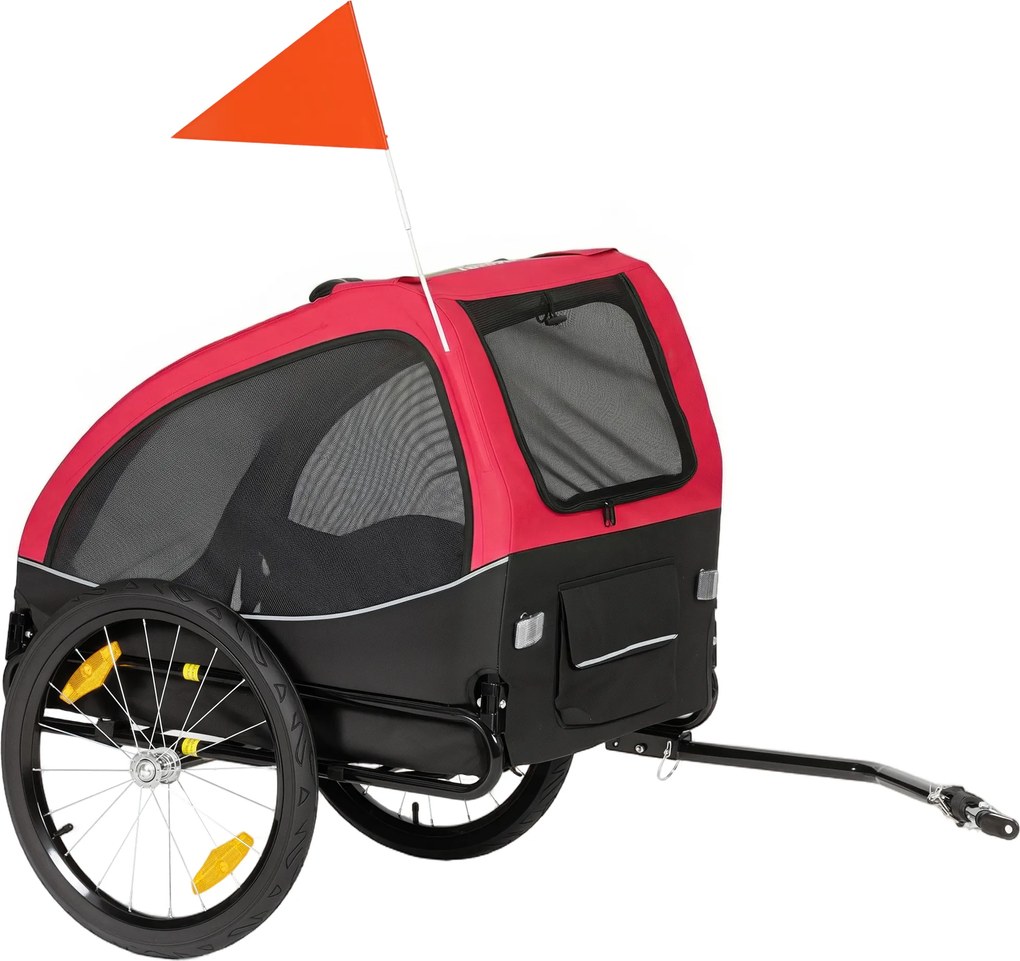 PawHut Remorcă pliabilă pentru câini cu reflectoare, ferestre din plasă, roți, ușă și steag de siguranță pentru câini până la 20 kg 138x70x89 cm Roșu | Aosom Romania