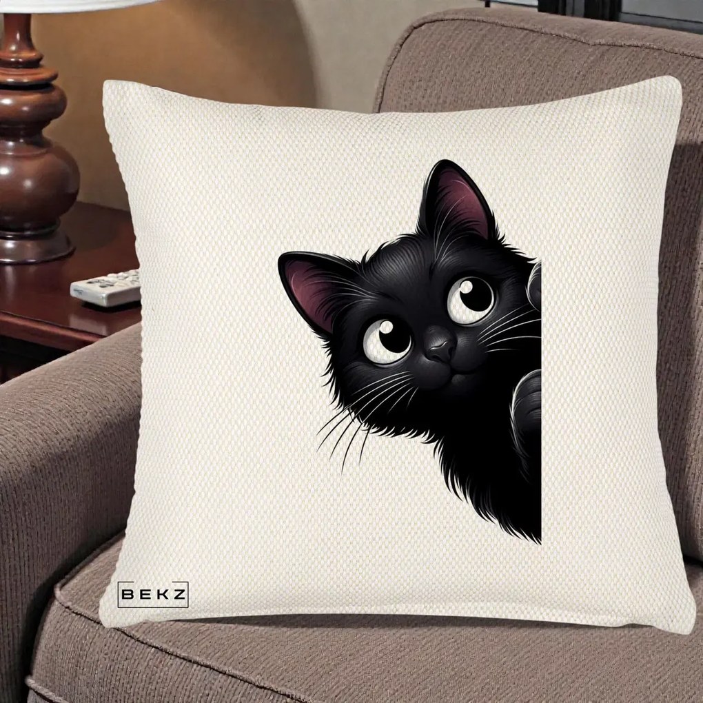 Perna Decorativa Pisica Neagra Dragalasa Curioasa, 40x40 cm, Crem Reliefat, Husa Detasabila, Perna Inclusa, BEKZ®