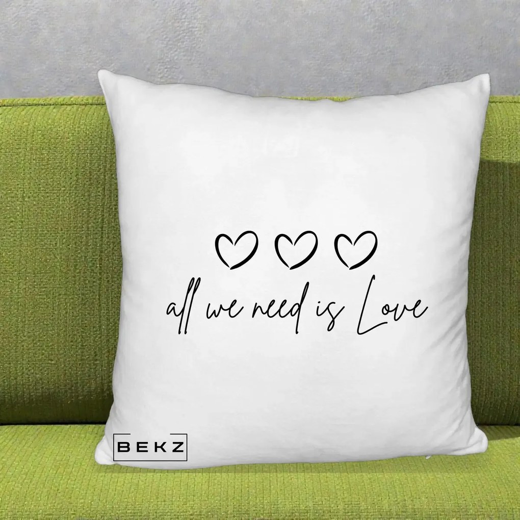 Perna Decorativa All We Need Is Love, 40x40 cm, Alb Pufos, Husa Detasabila, Perna Inclusa, BEKZ®