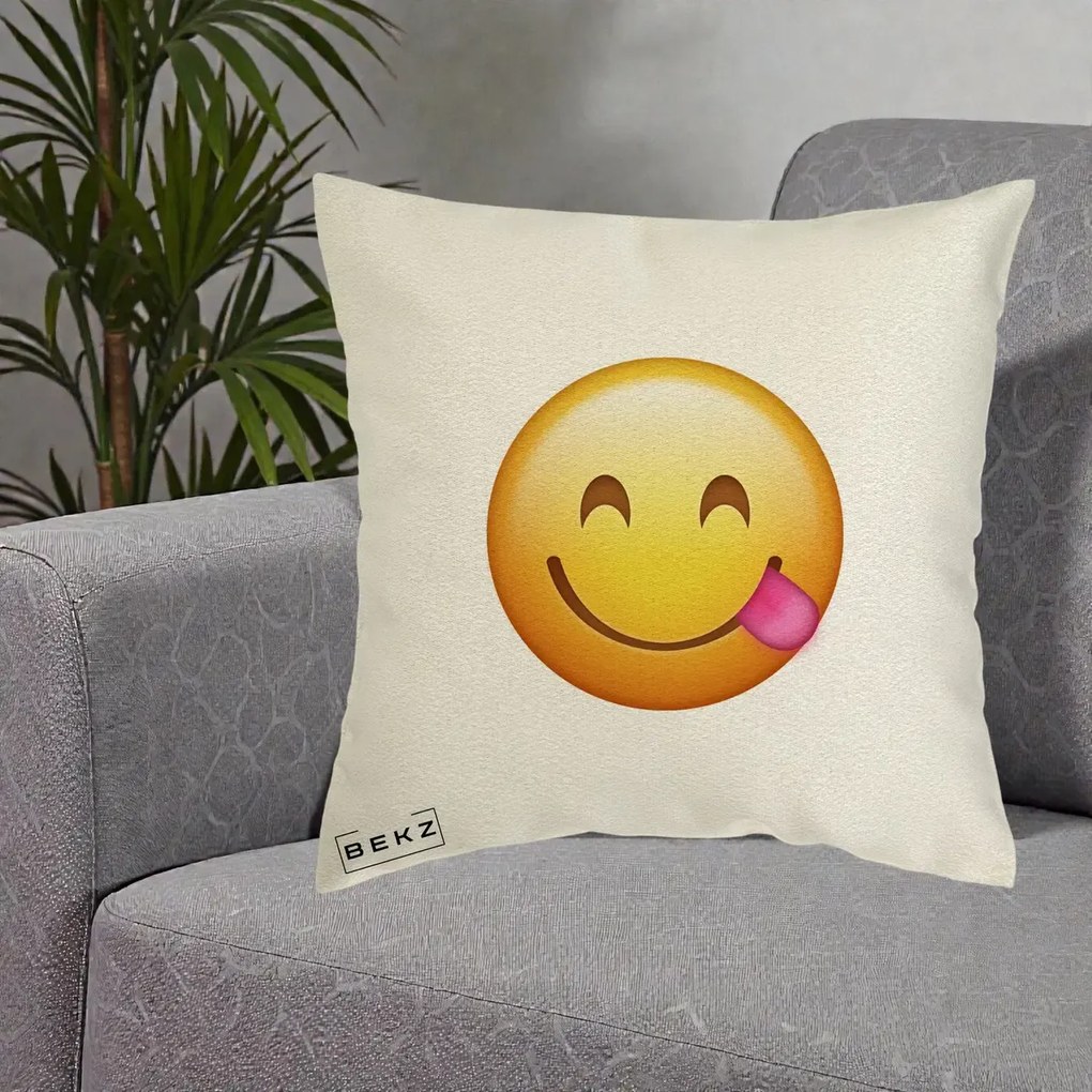 Perna Decorativa Emoji Limba Scoasa, 40x40 cm, Ecru, Husa Detasabila, Perna Inclusa, BEKZ®