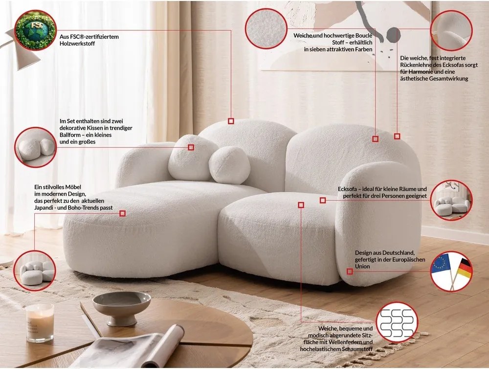 Colțar crem cu tapițerie din țesătură bouclé (cu colț pe partea stângă/cu șezlong) Orbit – Ropez