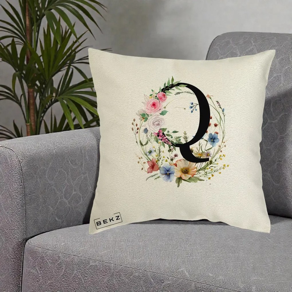 Cadou Personalizat - Perna Personalizata Monogram Litera Q cu Flori Acuarela, 40x40 cm, Ecru, Husa Detasabila, Perna Inclusa, BEKZ®