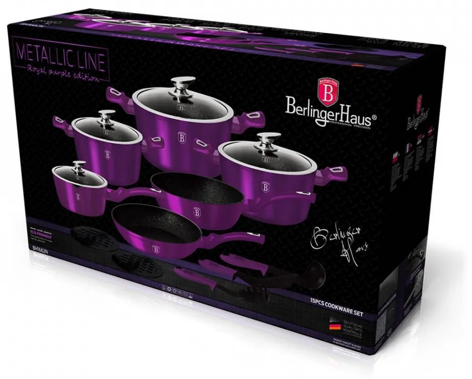 Set oale si tigai marmorate (15 piese) din aluminiu forjat Metallic Line Royal Purple Edition Berlinger Haus BH 1662N