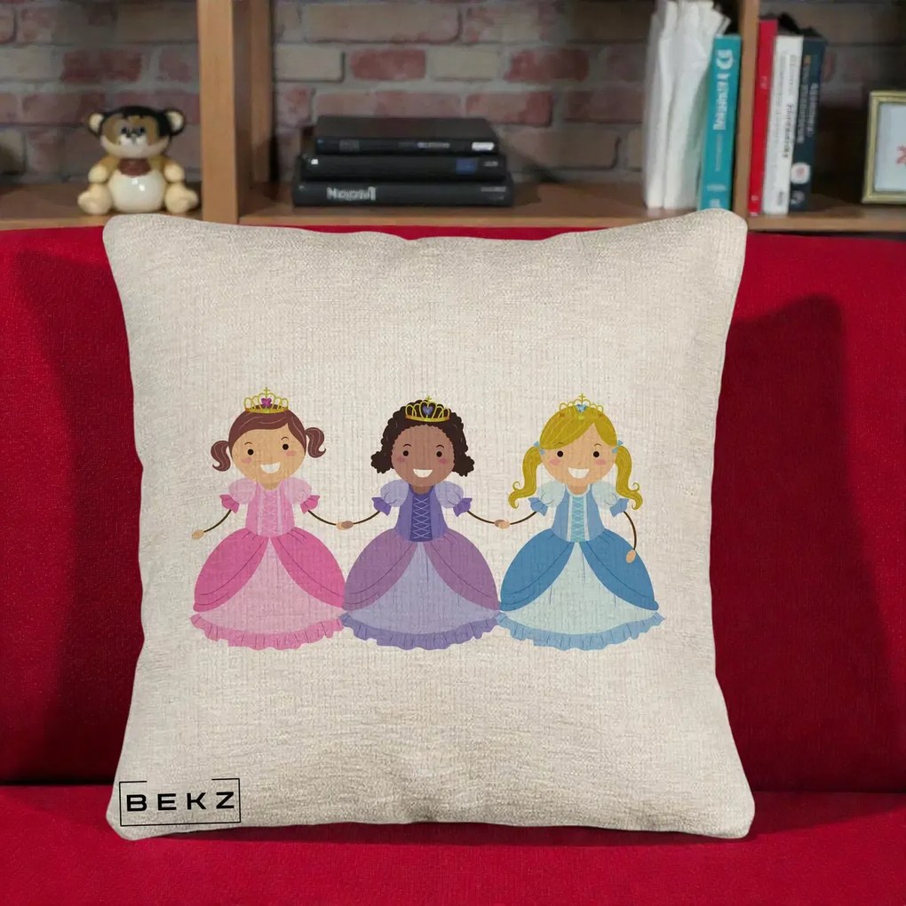 Perna Personalizata Printese Diverse Ilustratie, 40x40 cm, Bej Canapea, Husa Detasabila, Perna Inclusa, BEKZ®