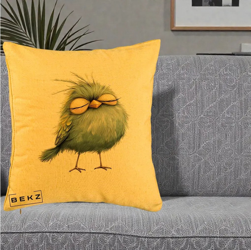 Perna Decorativa Pasare Teal Adormita cu Ochi Galbeni, 40x40 cm, Galben, Husa Detasabila, Perna Inclusa, BEKZ®