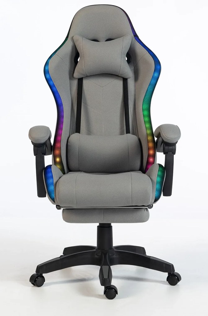 ALFORD Scaun gaming cu Masaj in 5 puncte, Perna lombara cu Masaj, Sistem iluminare banda LED RGB, Boxe Bluetooth, suport picioare, textil, Gri