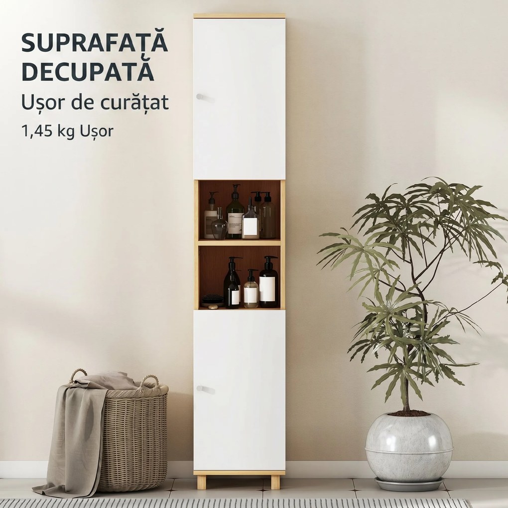 HOMCOM Dulap de Baie înalt cu Uși, 2 Rafturi Deschise, 2 Dulapuri, Dulap de Baie Economisitor de Spațiu cu Rafturi Reglabile pentru Sala de Mese Sufragerie, 30x30x166 cm, Alb și Lemn | Aosom Romania