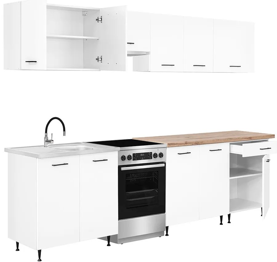 Unitate de bucătărie Primo 280 cu blat de lucru din stejar charlestone alb