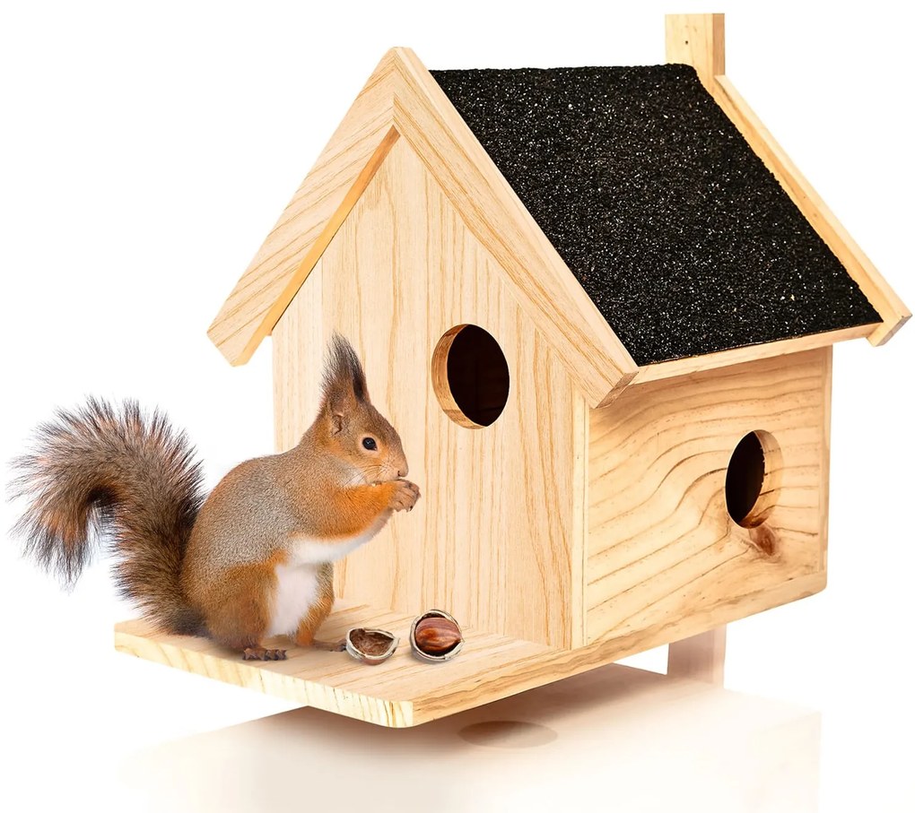 Căsuță pentru veveriță, alimentator, hibernare, 4 intrări, lemn de pin, netratat, realizat manual