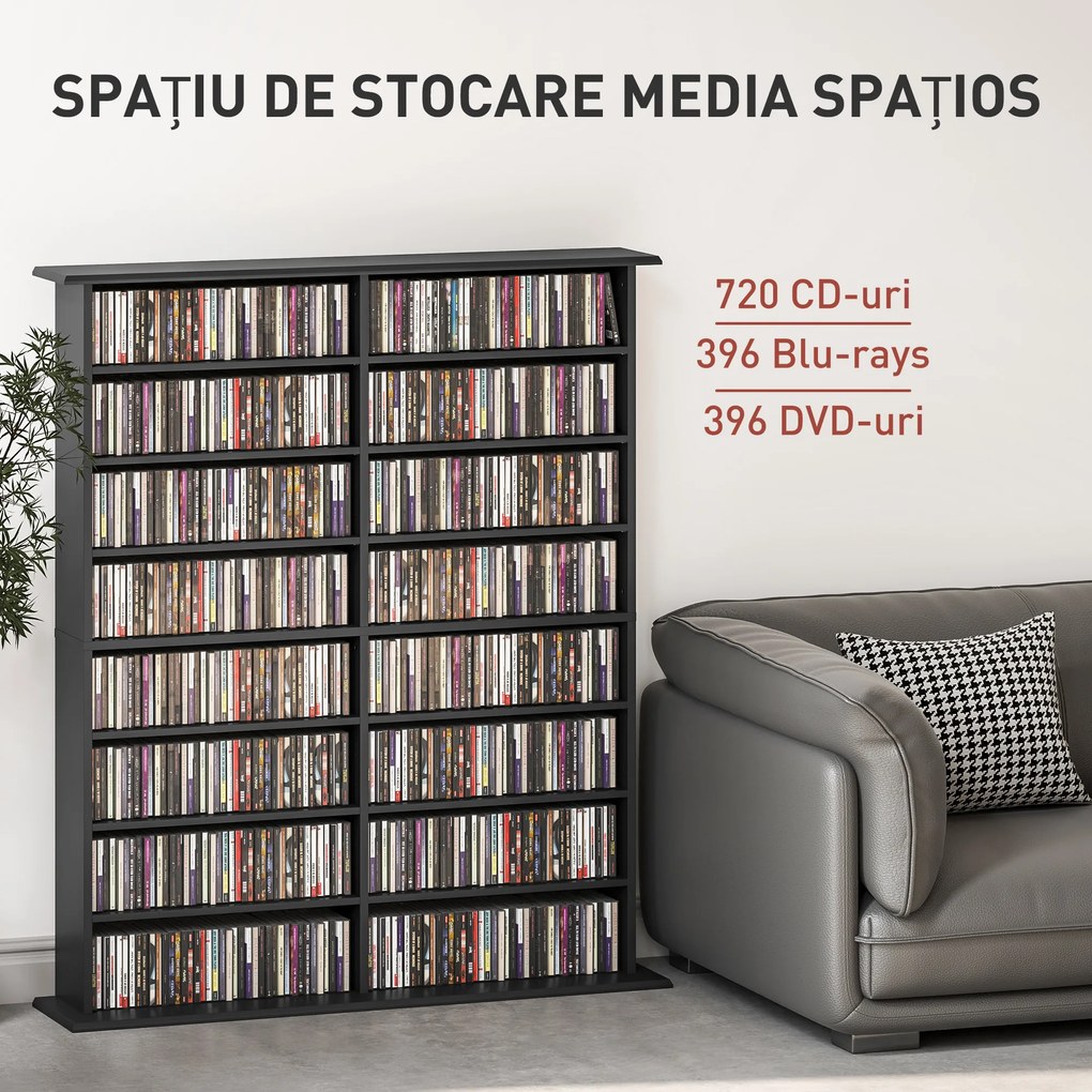 HOMCOM Mobilier Bibliotecă cu 16 Rafturi pentru 720 CD-uri din Lemn 106.5x24x123.7 cm Negru | Aosom Romania