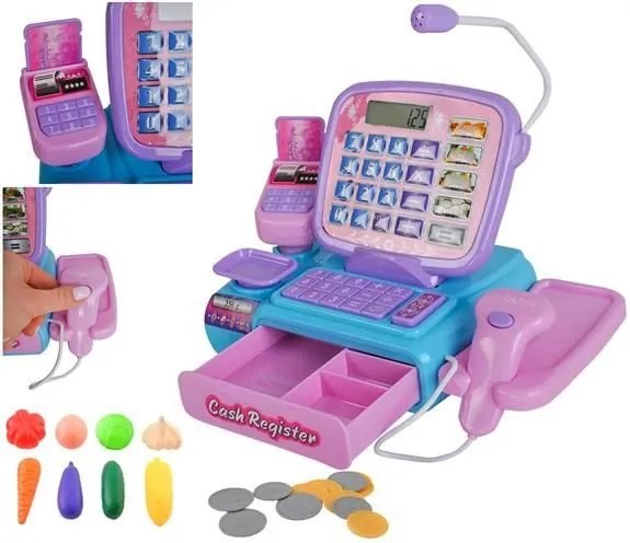 Set Jucarie Copii Casa de Marcat cu Afisaj LCD, scaner, bani,card de plata si legume, roz/violet
