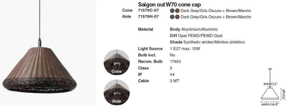 Lustra/Pendul iluminat exterior decorativ SAIGON cone W70 gri/maro