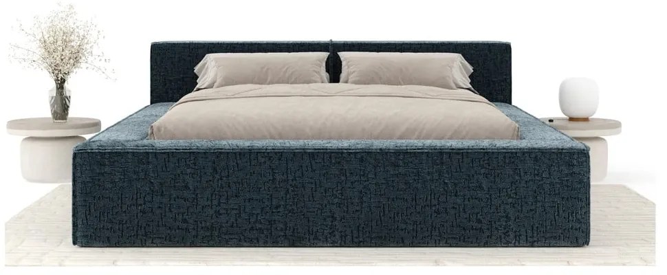 Pat matrimonial albastru prăfuit tapițat cu spațiu de depozitare cu somieră 160x200 cm Voliera – Maison de Rêve