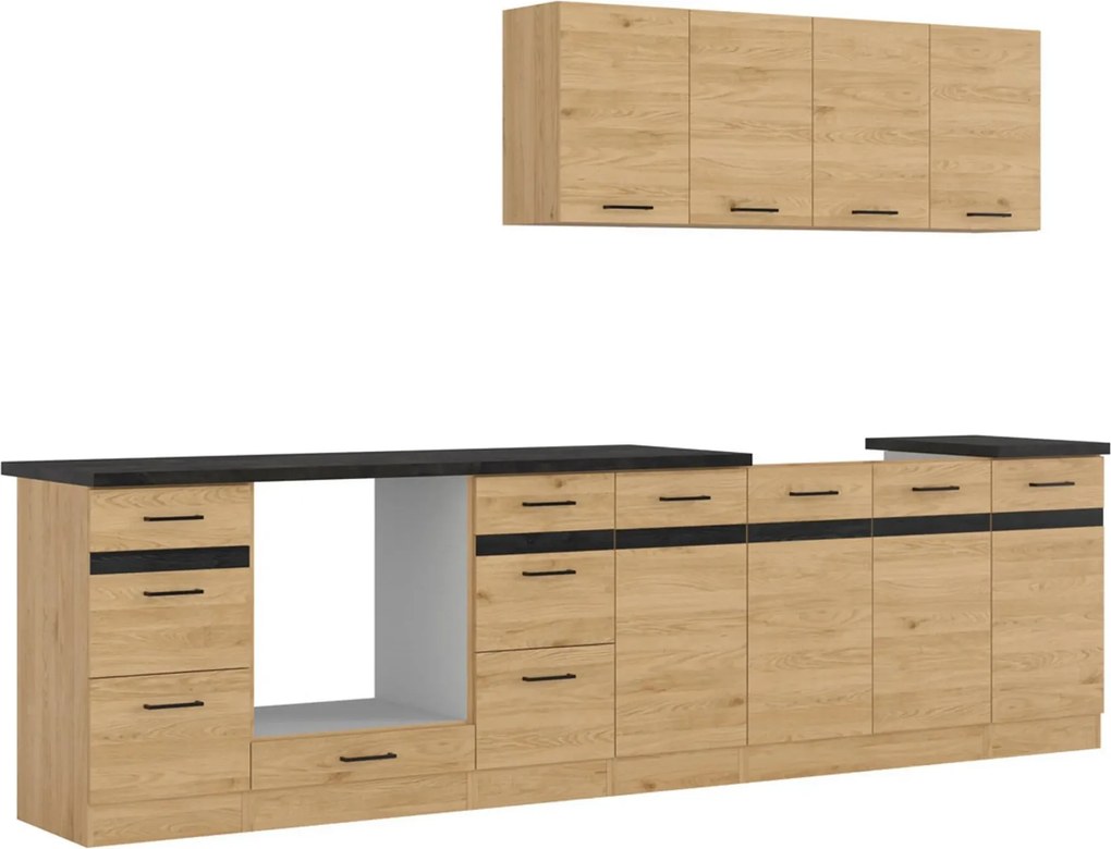 Set bucatarie JUNONA LINE, stejar, PAL, 300 cm, cu blat negru