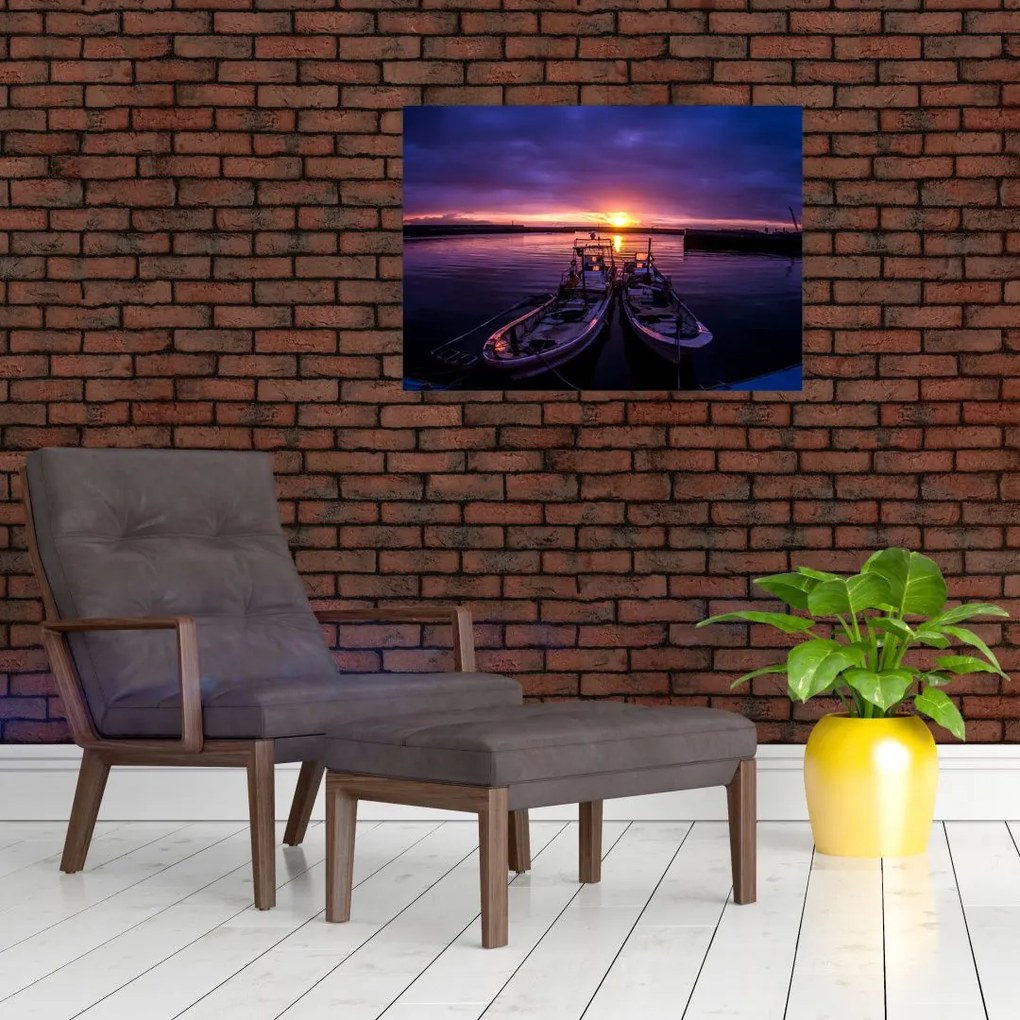 Tablou pe sticlă cu barci pescărești în port (70x50 cm)