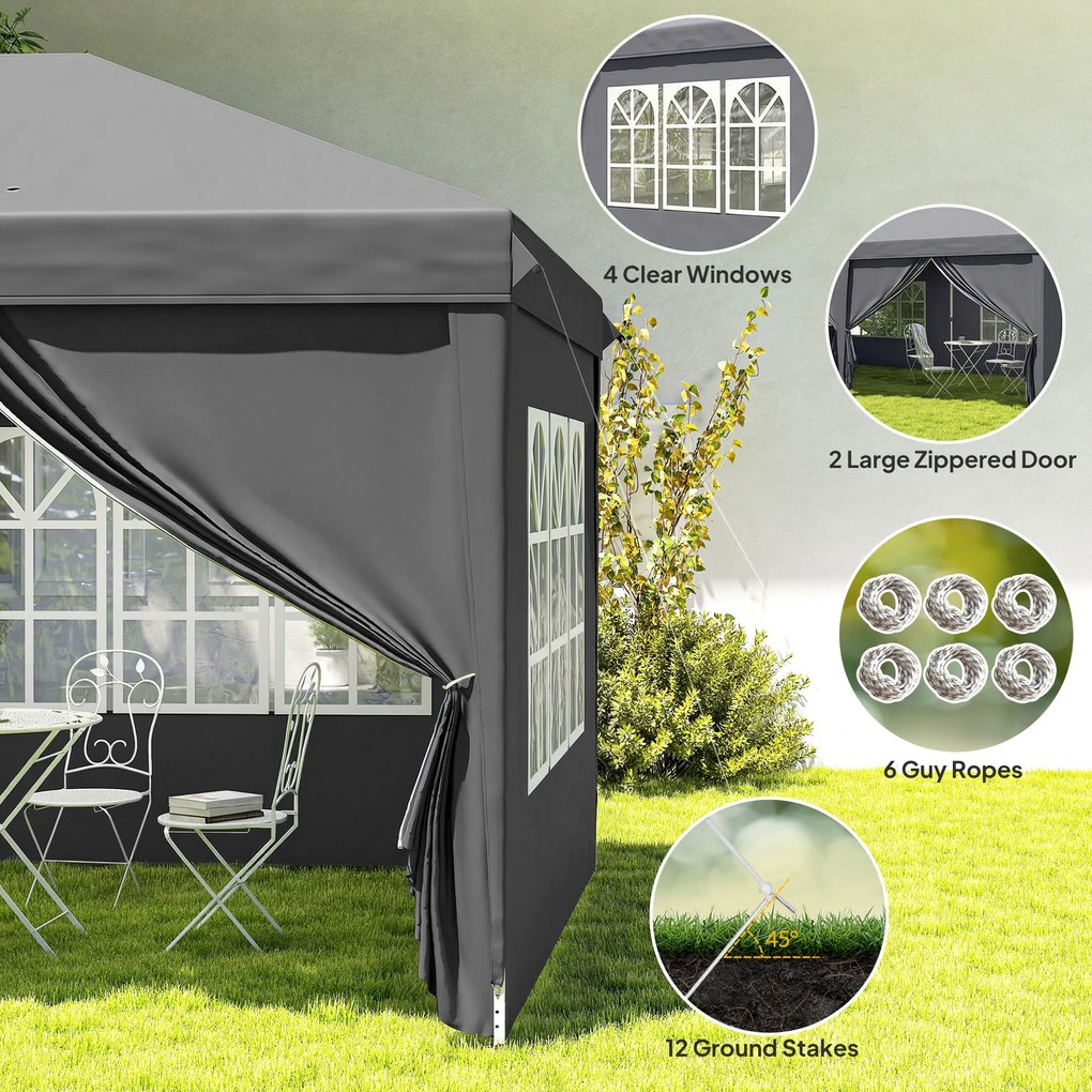 Outsunny Tonnelă de grădină Cort pliant Laterale detașabile Cadru din oțel întărit Geantă de transport 3x6m Gri închis | Aosom Romania
