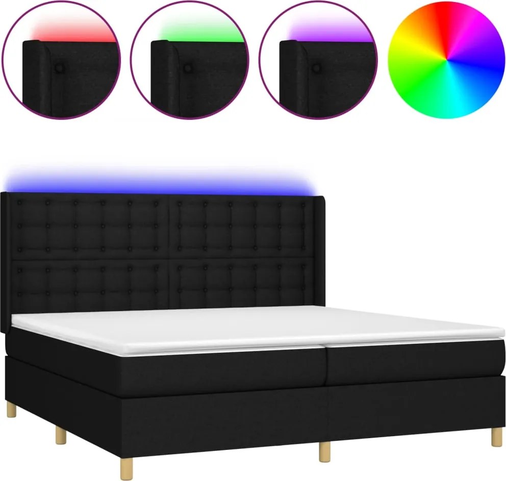 vidaXL Pat cu arcuri, saltea și LED, negru, 200x200 cm, textil