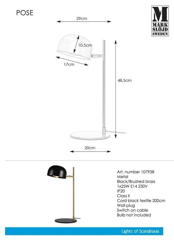 Veioză Markslöjd Pose Table, negru-alămiu