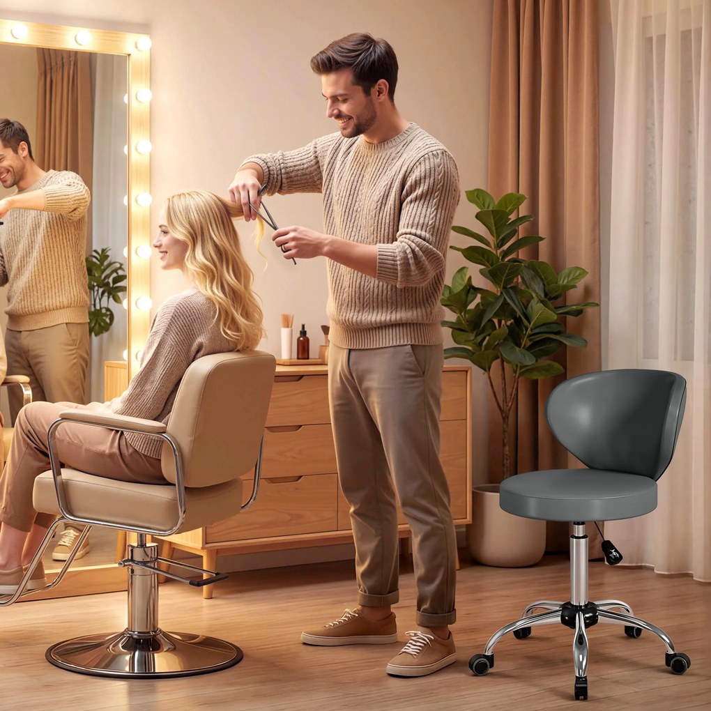 HOMCOM Taburet cu roți, taburet de masaj din PU cu înălțime reglabilă 73-88 cm și spătar, pivotant 360°, gri | Aosom Romania