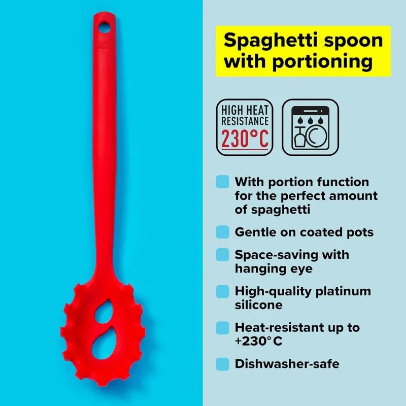 Lingura pentru spaghete Tasty 678205, Gauri pentru portionare, Maner moale, 32,5 cm, Silicon, Rosu