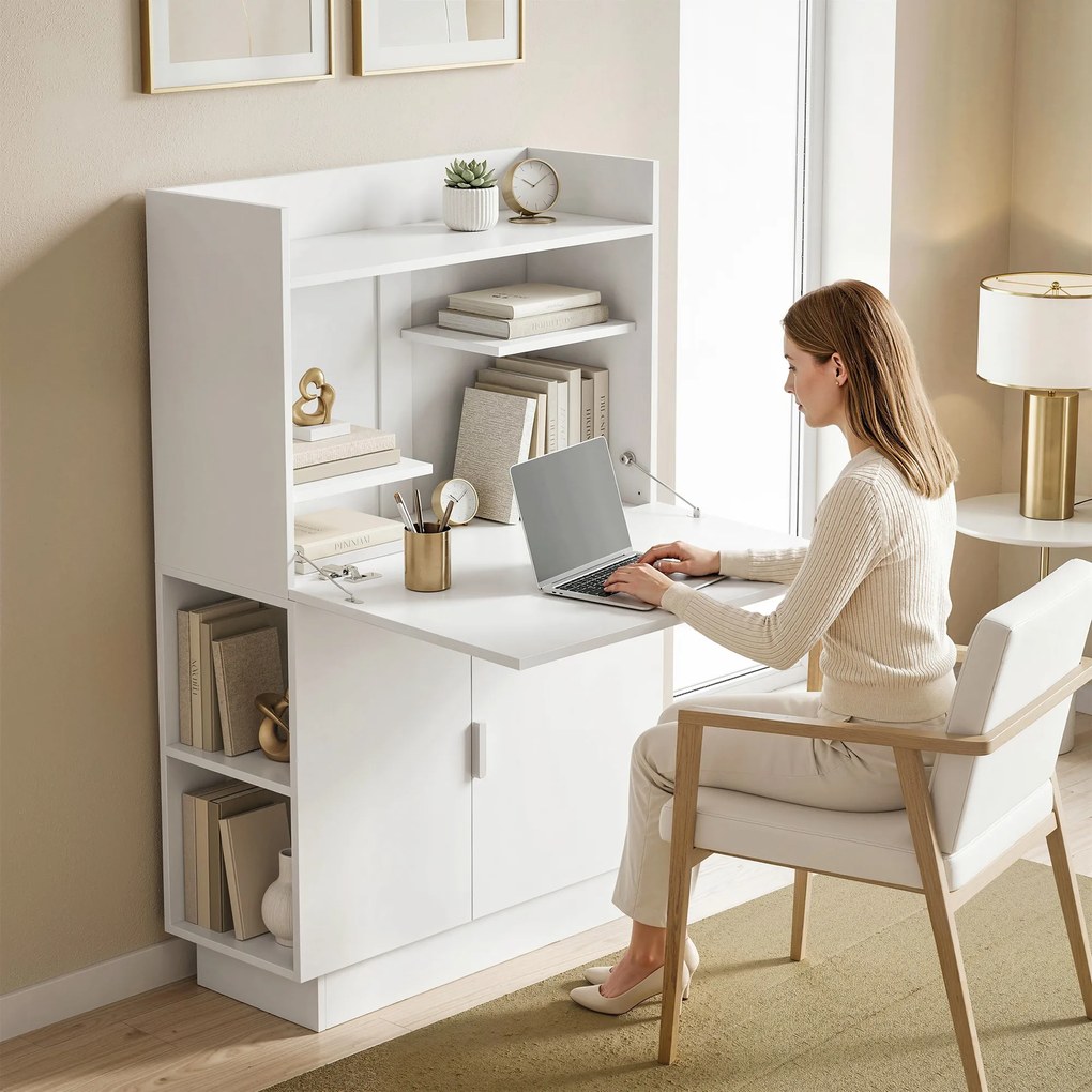 HOMCOM Birou pliant pentru calculator, birou pentru calculator cu blat rabatabil, rafturi și dulap, 80x30x128cm, alb | Aosom Romania
