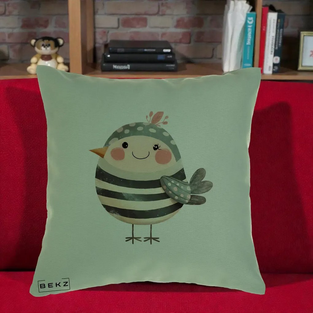 Perna Decorativa Pui Kawaii Teal cu Flori, 40x40 cm, Verde, Husa Detasabila, Perna Inclusa, BEKZ®