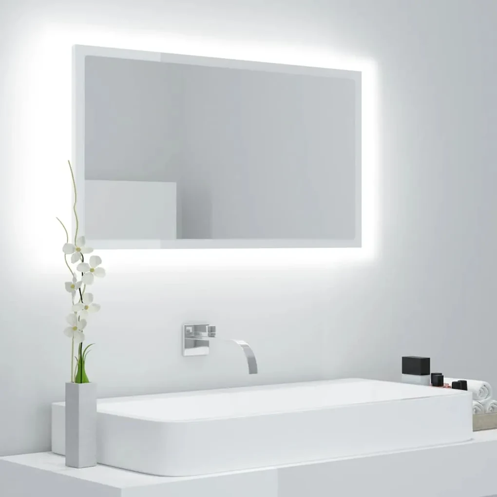 804929 vidaXL Oglindă de baie cu LED, alb extralucios, 80x8,5x37 cm, acril