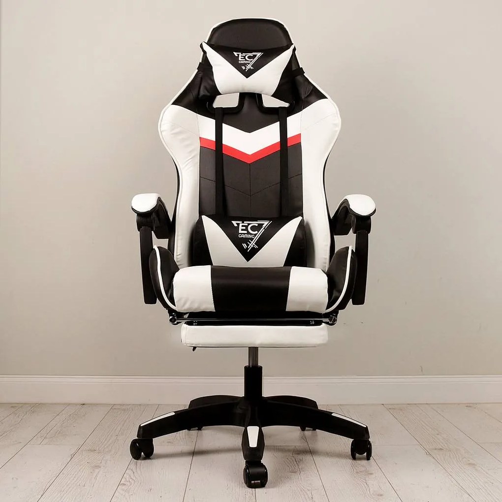 JAKS PREMIUM SCAUN GAMING REGLABIL ECO - PIELE NEGRU-ALB + PERNĂ DE MASAJ