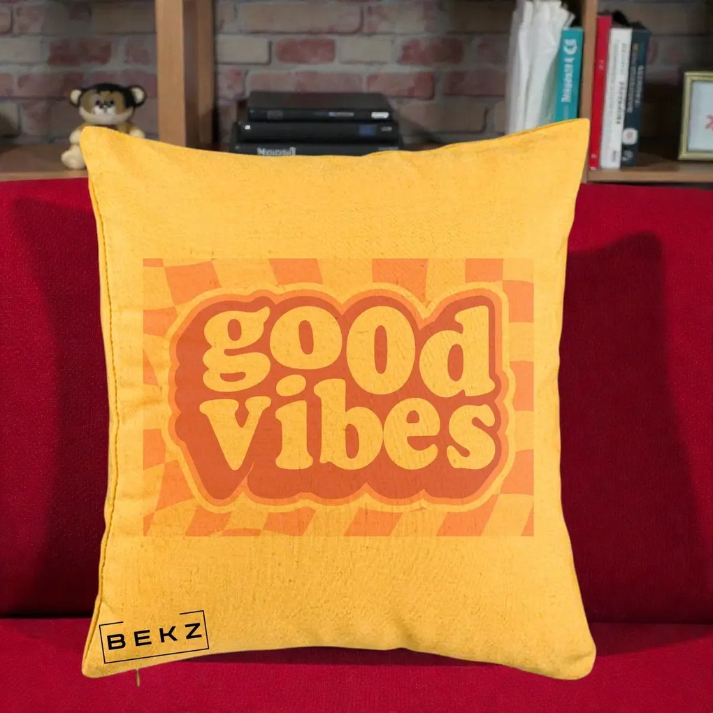 Perna Decorativa Good Vibes Retro Roz, 40x40 cm, Galben, Husa Detasabila, Perna Inclusa, BEKZ®