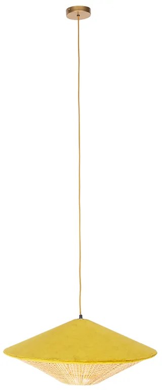 Lampă suspendată rustică cu catifea galbenă și ratan 60 cm - Frills Can
