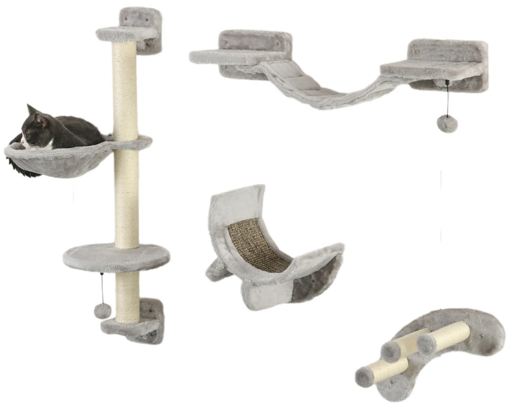 Set Mobilier Perete pentru Pisici, Platforme, Hamac, Scară și Stâlpi de Scrăcătat, Până la 5 kg, Confortabil și Sigur | Aosom Romania