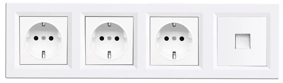 Priză cu trei prize cu împământare Nova IV cu conector UTP cu cadru alb