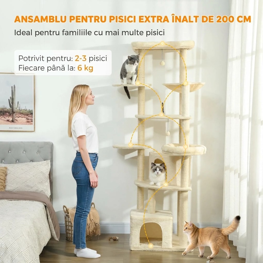 PawHut Ansablu de joacă pentru pisici, 2 căsuțe, 2 paturi și hamac, 200cm, bej | Aosom Romania