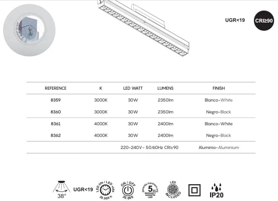 Modul alb liniar LED 3000K, Accesoriu pentru sine trifazate Mantra, CRETA MA-8359