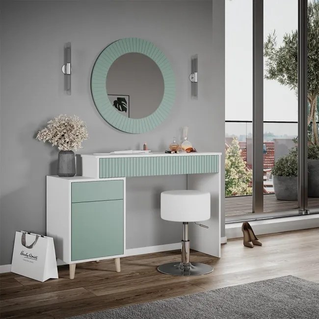 SEV201 - Set Masa alba toaleta 120 cm cosmetica machiaj, oglinda, masuta vanity, Alb-Verde