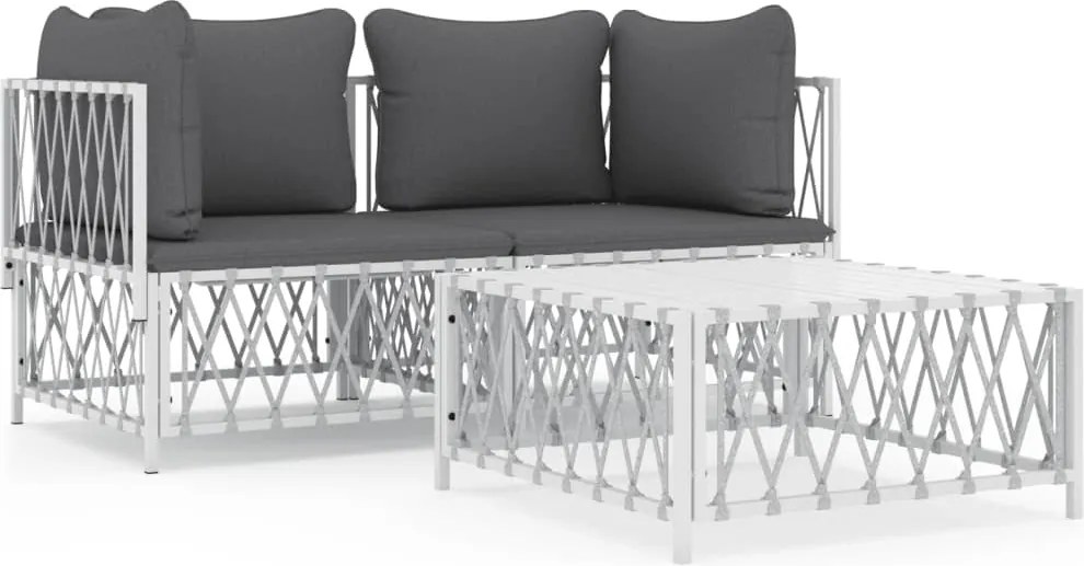 vidaXL Set mobilier de grădină, 3 piese, cu perne, alb, oțel