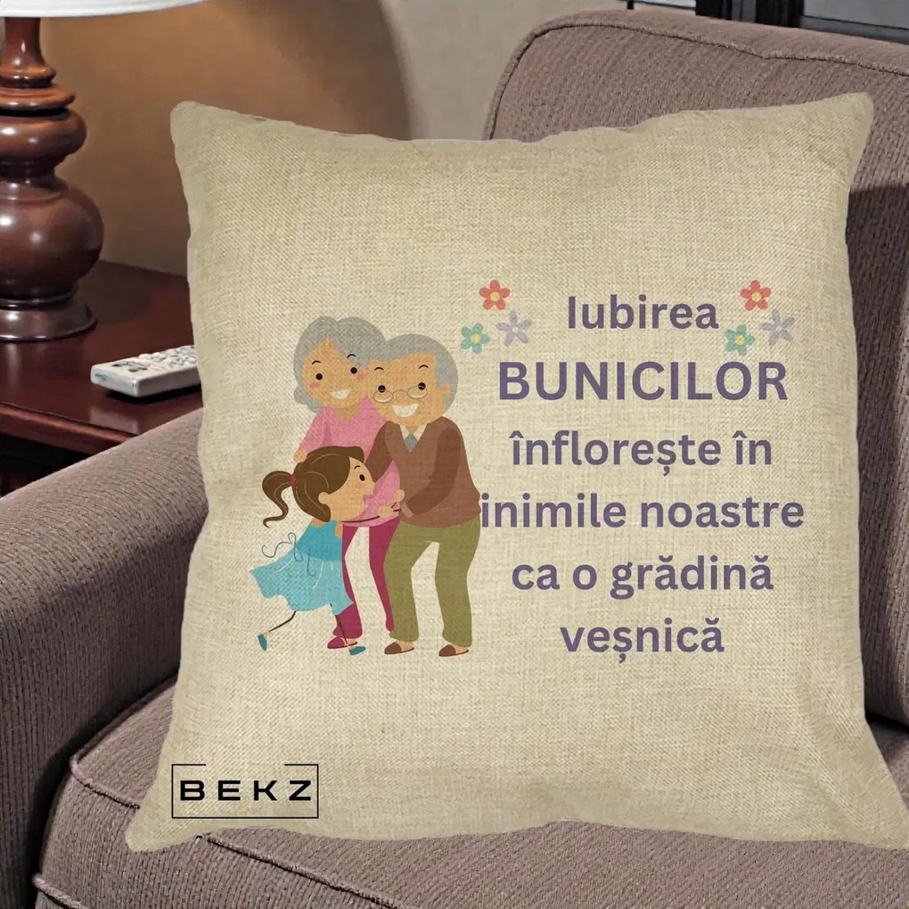 Perna personalizata bunici: Iubirea bunicilor, cu nepoata, text mov, 40x40 cm cu Umplutura, Crem, BEKZ
