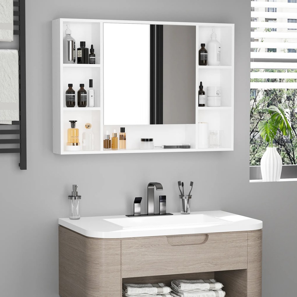 Kleankin Dulap cu Oglindă pentru Baie, Spațiu de Depozitare cu Rafturi, 100x15x70cm, Design Modern, Alb | Aosom Romania