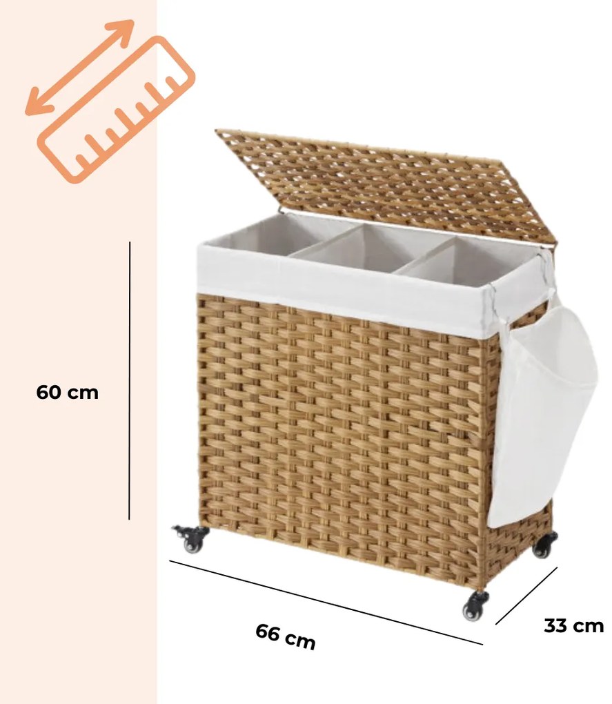 Coș de rufe pe roți din ratan sintetic AVA, 140L, maro natural SongmicsHome
