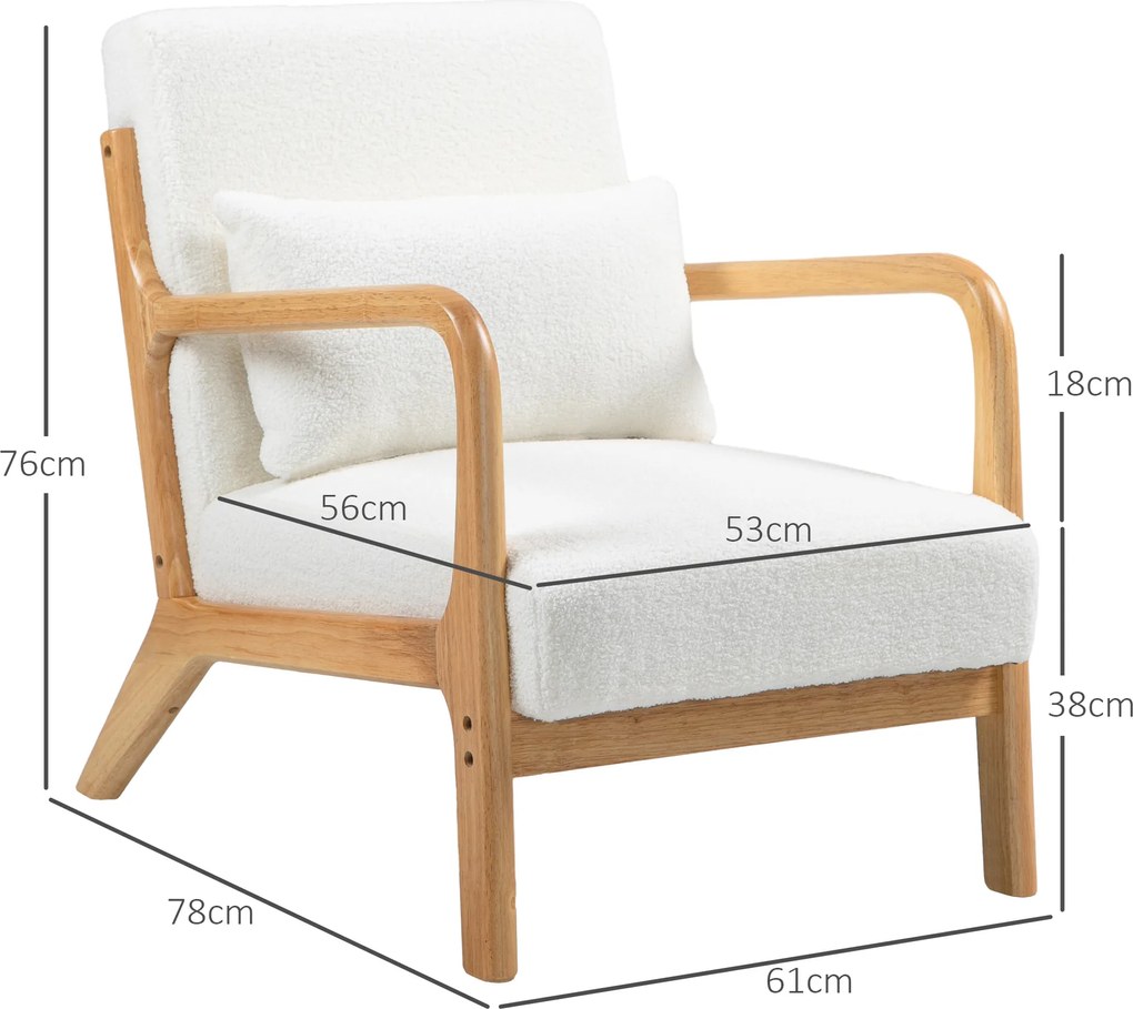 HOMCOM Fotoliu lounge, 3 perne incluse, adâncime șezut, brațe, structură lemn hevea, aspect catifea crem | Aosom Romania