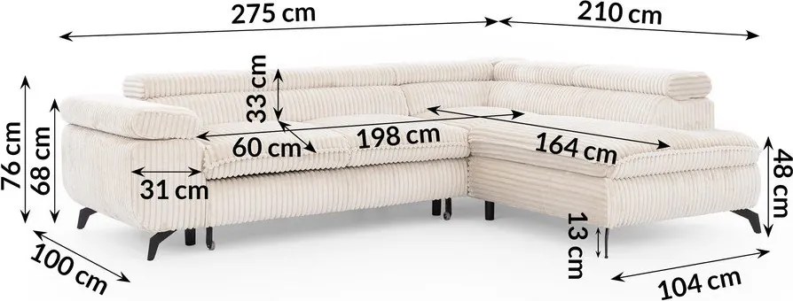 Colțar crem cu tapițerie din catifea reiată (cu colț pe partea dreaptă/în formă de ”L”) Marbeya – Ropez