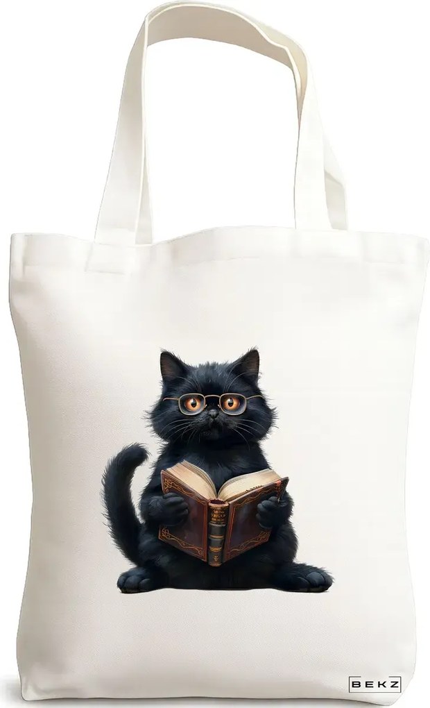 Sacosa de Panza pentru Cumparaturi, Geanta Tote, model Reading cat 10 38 x 34.5 cm, Alba, BEKZ®