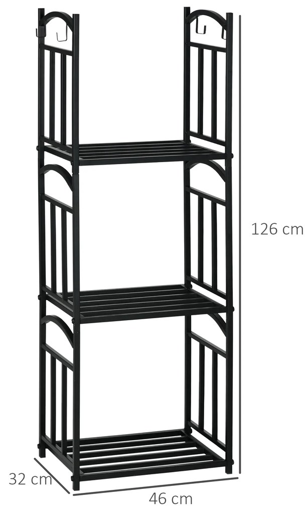 Suport de Lemne de Foc cu 3 Niveluri, Raft de Depozitare, carlige de Agatat pentru Unelte, Negru Outsunny | Aosom Romania