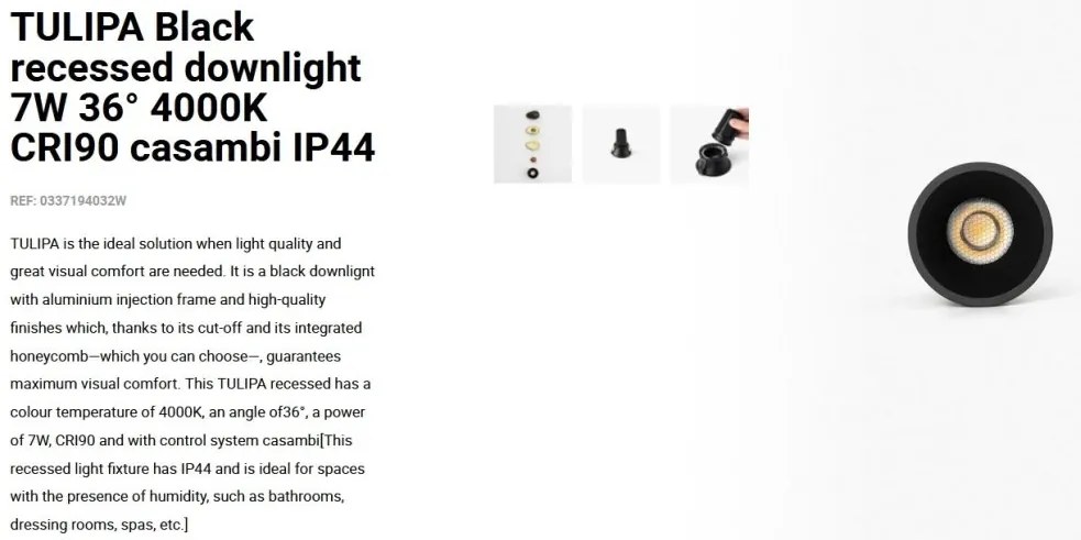 Spot LED incastrabil TULIPA Black recessed downlight 7W 36° 4000K CRI90 casambi IP44