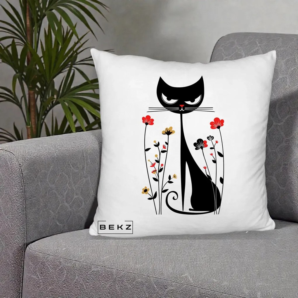 Perna Decorativa Pisica Neagra Grafica Flori Rosii, 40x40 cm, Alb Pufos, Husa Detasabila, Perna Inclusa, BEKZ®