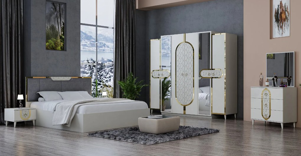 Dormitor Flor, culoare alb / auriu, 160 x 200 cm