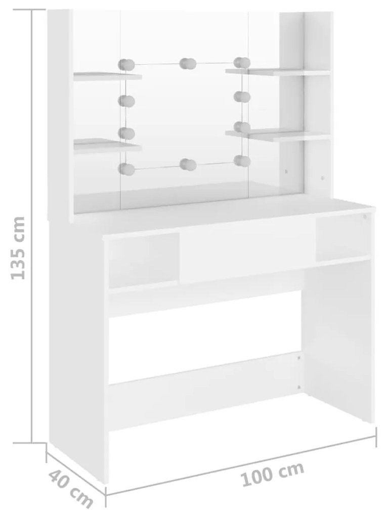 Masa de machiaj cu lumini LED, alb, 100x40x135 cm, MDF Alb