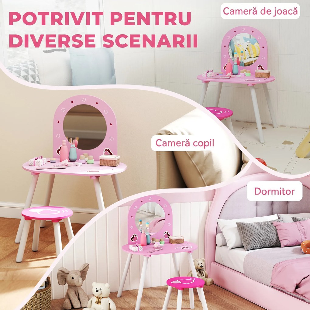 AIYAPLAY Set măsuță de toaletă pentru fetițe 3-6 ani, cu scaun, oglindă incasabilă, model cu inimioare, roz | Aosom Romania