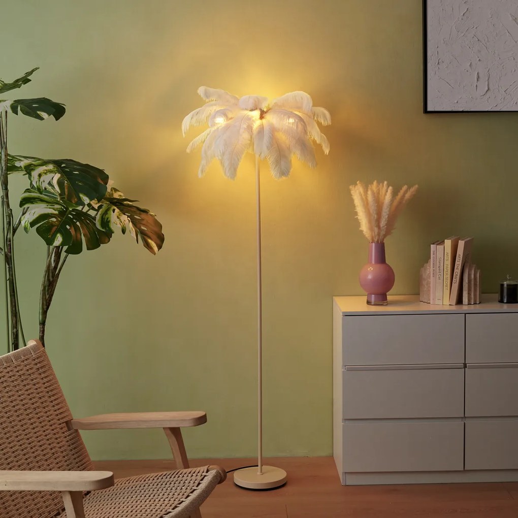 Lampă de podea Art Deco bej cu pene albe - Peahen